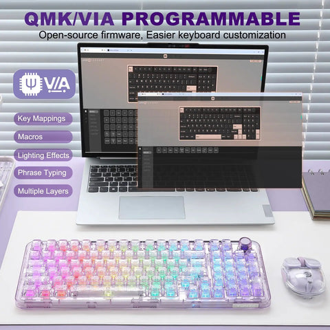 Smooth Wireless Mechanical Keyboard With Sleek Rotary Knob And Sick Tri Mode Sync For Effortless Multi Device Pairing Purple Crystal Switches Zero Lag Gaming Rig Built Different showcased beside laptop with software interface.