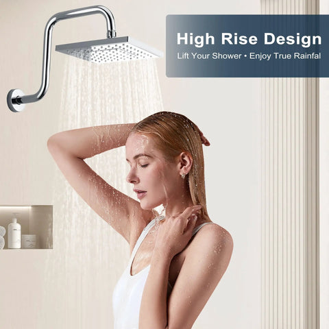 13 Inch Shower Head Extension Arm with Flange S Shaped High Rise Extender Long Stainless Steel Rainfall Pipe Arm Chrome Finish For Taller Showers And Spa Like Waterfall Rain Shower over a woman enjoying rainfall