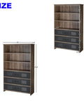 Solid Industrial Bookcase Featuring Three Slide Out Drawers And Four Wide Open Shelves with dimensions shown.