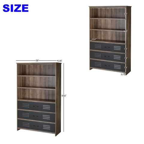 Solid Industrial Bookcase Featuring Three Slide Out Drawers And Four Wide Open Shelves with dimensions shown.