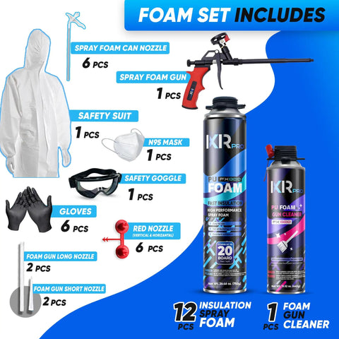 12 Pack Spray Foam Insulation Kit With Foam Gun And Cleaner Delivers Heavy Duty Thermal Shield And Sound Control For A No Sweat Weatherproof Patch On Walls And Doorframes showing included items.