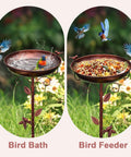 Antique Bronze Metal Bird Bath Outdoor Decor With Hummingbird On Pole And Sparrow On Bowl Tall 38.5 Inch Freestanding Garden Birdfeeder Bath For Yard Or Patio 12 Inch Deep Bowl To Attract More Birds in garden setting
