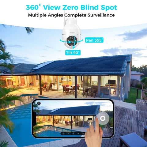 Solar Powered Outdoor Security Camera 2K with 360 Degree Pan Tilt monitoring house via smartphone app