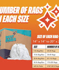 Bulk Cotton T Shirt Rags Heavy Duty 5 Lb Bag Low Lint Wiping Cloths packaging and size chart