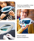 Woman using LightView Pro LED Magnifying Floor Lamp with Full Page Glass Lens for crafting, with a close-up of the lens.
