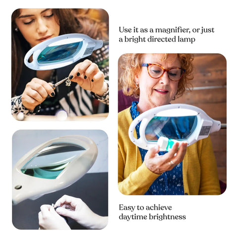 Woman using LightView Pro LED Magnifying Floor Lamp with Full Page Glass Lens for crafting, with a close-up of the lens.