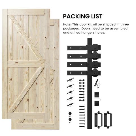 Double 36x84 Inch Bypass Barn Door With 6.6 Ft Track Hardware Kit Included, Unfinished Solid Wood, DIY Friendly Installation