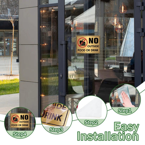 Brushed Gold No Food Or Drink Sign For Doors Two Pack Self Adhering Indoor Or Outdoor Use Ideal For Restaurants Offices And Businesses No Outside Food Or Drinks Allowed Sticker on glass door