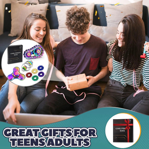 Group of teens with 8 Piece Fidget Toy Set For Adults And Teens, Anxiety Stress Relief Spinner, box and spiky sensory rings.