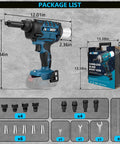 Powerful Cordless Rivet Gun Compatible With Makita 18V Battery, showing dimensions and included accessories for DIY and professional use.