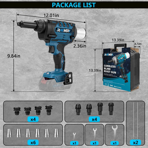 Powerful Cordless Rivet Gun Compatible With Makita 18V Battery, showing dimensions and included accessories for DIY and professional use.