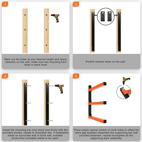 Installation steps for Beefy Heavy Duty Lumber Storage Rack Wall Mount Metal Organizer 3 Level Wood Storage System