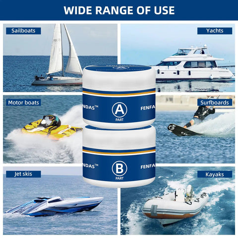 Fiberglass Boat Repair Kit Color Match Gel Coat For Boats, Marine Epoxy Filler shown with various watercraft applications.