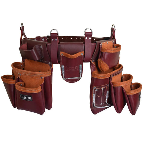 Leather Tool Belt For Men Heavy Duty Work Belt With 19 Pockets And 2 Pouches Double Hammer Holder Foam Padded Belt With Suspender Loops
