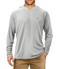 Man wearing gray UPF 50 Plus Long Sleeve Fishing Hoodie For Men, Lightweight Sun Protection Shirt For Outdoors, Quick Dry Breathable UV Hiking Gear, Hooded, Stay Cool On The Water