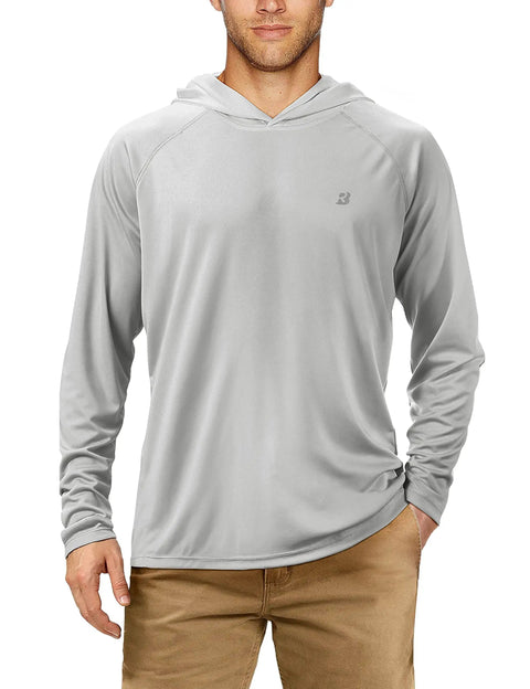 Man wearing gray UPF 50 Plus Long Sleeve Fishing Hoodie For Men, Lightweight Sun Protection Shirt For Outdoors, Quick Dry Breathable UV Hiking Gear, Hooded, Stay Cool On The Water