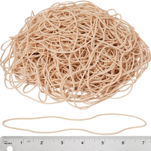 Pile of beige elastic bands with a single band stretched beside a ruler, 18 Cm Long Balloon Arch Rubber Bands 7 Inch 220 Pcs Strong Durable Elastic Bands For Balloon Garlands, Party Decor, Crafts, Wrapping Various Shapes, Long Lasting And Versatile