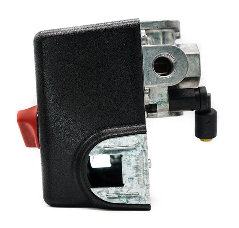Drop Right In Heavy Duty Pressure Switch Replacement For Craftsman Black And Decker Dewalt Gear 130 To 160 Psi Auto Shutoff Unloader Valve Four Port Manifold Rig Ready, black casing side view.