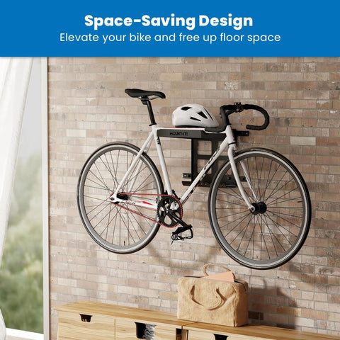 Bike Wall Mount Rack With Shelf And Hooks For Indoor Garage or Home, side view with bike and helmet, brick wall background