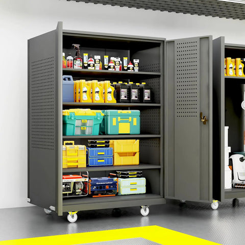 72 Inch Wide And Deep Metal Garage Storage Cabinet With Doors, Rolling Tool Cabinet, Pegboard On Doors And Back Panel, Adjustable Shelves.