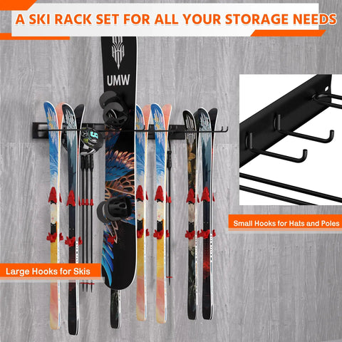Wall Mounted Ski Rack With Extra Boot Hooks, Garage Game Changer Holds Eight Pair Skis, features large hooks for skis and small hooks.