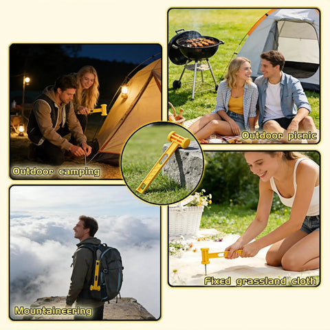 Collage showing Camping Tent Stake Hammer With Puller Ultralight Nine Point Eight Four Inch Mallet Yellow PE Plastic Handle