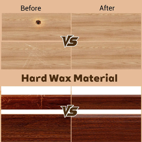 Comparison of before-and-after repairs using 7 Pcs Wood Filler Sticks Set For Quick Repair Of Scratches Cracks And Holes On Furniture Floors And Cabinets