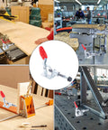 Heavy Duty 2 Pack Toggle Clamps Offering Rock Solid Holdings For Woodworking And Fab Shops featuring quick release levers in a workshop.
