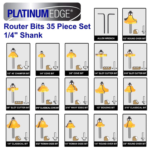 Premium Tungsten Carbide Router Bits Set 35 Piece Kit With Aluminum Carry Storage Case details of various router bits and shank sizes.