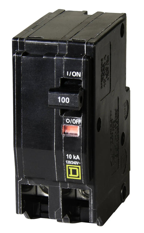 QO 100 Amp Two Pole Circuit Breaker with plug on design for 120 240 VAC easy install, black with visible on off switch.
