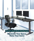 L Shape Electric Standing Desk With Height Adjustable Sit Stand Design For Corner Office Reversible Left Right Layout No Sweat Setup Espresso Top Slate Frame with dual monitors and ergonomic chair.