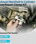 Hand holding Exhaust Manifold Repair Clamp 926-610 Fit For Cadillac Chevy GMC Vehicles near engine replacement part.