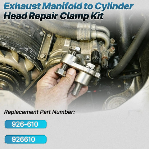 Hand holding Exhaust Manifold Repair Clamp 926-610 Fit For Cadillac Chevy GMC Vehicles near engine replacement part.