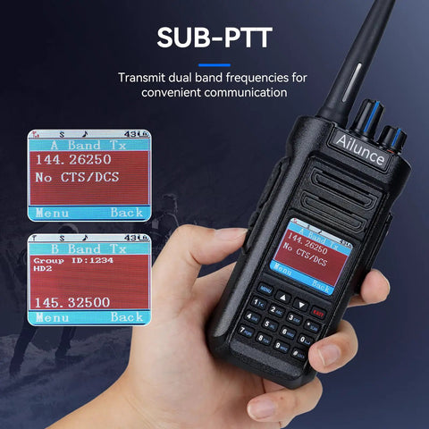 Person holding HD2 DMR Handheld Radio Dual Band Digital And Analog Two Way Radio With 500K Contacts And 3200mAh Battery