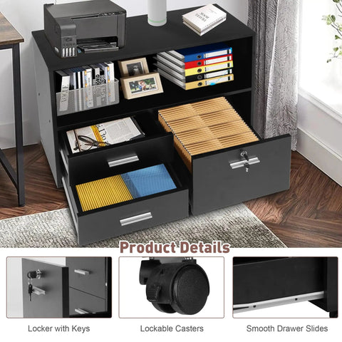 Slick Three Drawer File Cabinet With Secure Lock, Smooth Rollin Office Storage Unit Packed With Handy Shelves And Tough Printer Stand, Matte Black Build With No Sweat Assembly