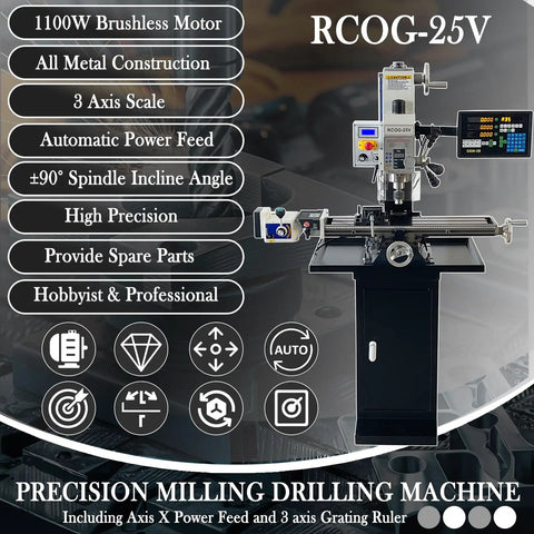 Built Tough Benchtop Mill Drill Press With Dead On Accurate 3 Axis DRO And Smooth X Axis Power Feed, 1100W brushless motor
