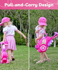 Slick Toddler Golf Club Set For Girls Ages Two To Four With Rad Breathable Outfit And Adjustable Hat Plus Lightweight Portable Cart For Fun Backyard Play, child carrying pink golf cart