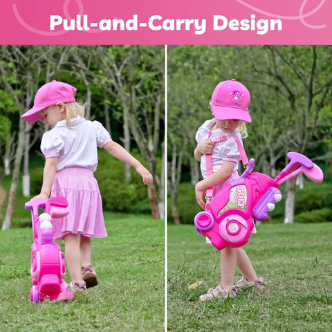 Slick Toddler Golf Club Set For Girls Ages Two To Four With Rad Breathable Outfit And Adjustable Hat Plus Lightweight Portable Cart For Fun Backyard Play, child carrying pink golf cart