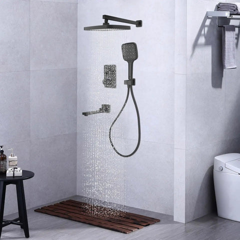 Shower System with Digital Temperature Display Handheld Nozzle 4.92ft Hose with sleek overhead and handheld options.