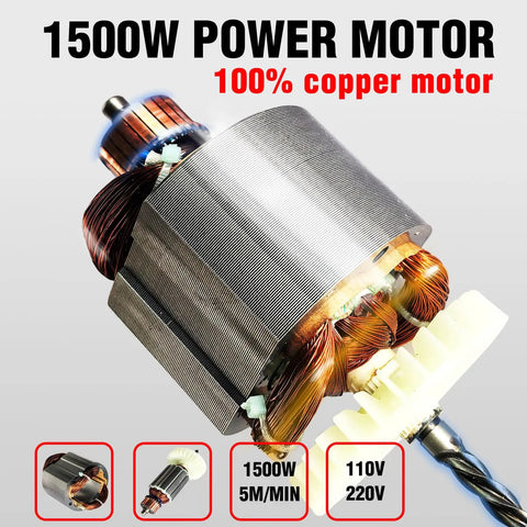 Rock Solid Portable Electric Hoist Winch 1100 Lbs With Wired Remote For No Sweat Towing And Smooth 25 Ft Lifting 1500 Watt 110 Volt Copper Motor close-up of 1500W copper motor for hoist.