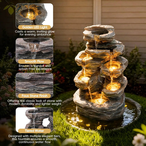 7 Tier Cascading Rock Fountain With LED Lights For Garden And Patio Stone Look Resin Water Feature 23.6 Inch Tall