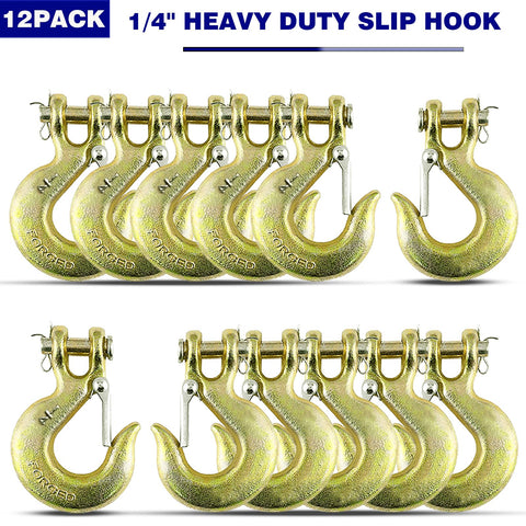 Beefy Heavy Duty Forged G70 Clevis Slip Hooks With Safety Latch One Quarter Inch Chain Hooks Twelve Pack For Trailer And Truck Transport