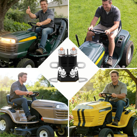 Collage of lawn tractor images featuring 12V Beefed Up Starter Solenoid Relay For Lawn Mowers And Tractors Fits Craftsman LT1000 Poulan