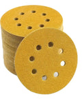Heavy Duty 5 Inch Hook Loop Sandpaper Discs 50 Pack With 8 Holes For Power Tools featuring gold alumina surface.