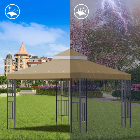 10x10 Ft Gazebo Replacement Canopy Top Cover Double Tiered For Outdoor BBQ Roof Cover shown in sun and rain