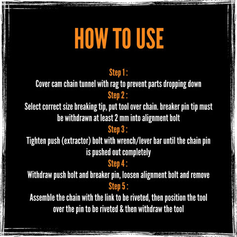 How to use steps for Link Monkey Motorcycle Chain Breaker And Riveting Tool for Quick Chain Length Adjustment And Sprocket Changes