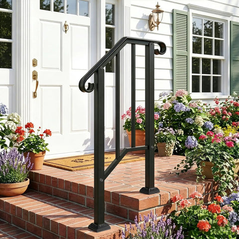 Black 2 Step Outdoor Handrails Built Like A Tank Wrought Iron Stair Railing Pair installed on brick steps with flowers.
