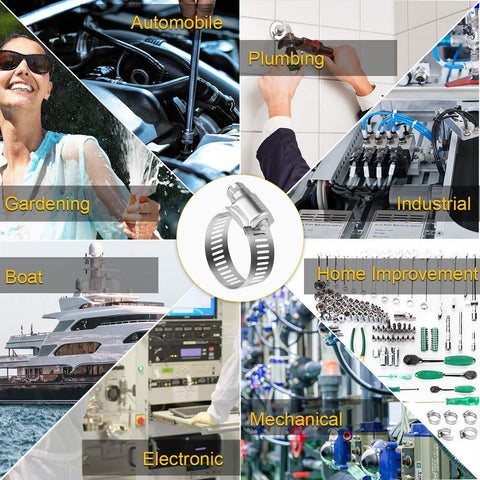 Collage featuring stainless steel hose clamps for automotive, plumbing, gardening, industrial, boat, home improvement, electronic, and mechanical use.