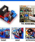 Red L298N Dual H Bridge DC Motor Driver Module in assembly setup for Arduino projects with control board and wiring details