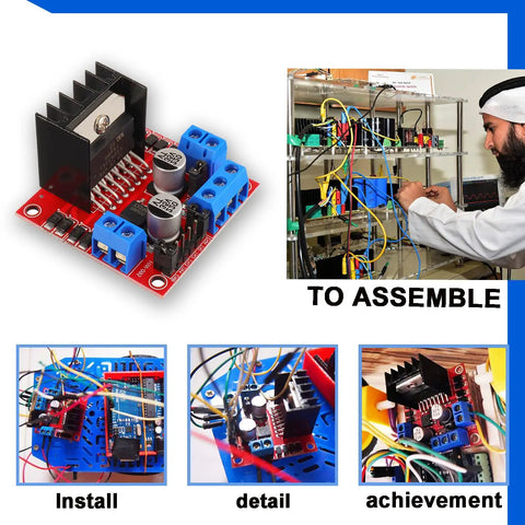 Red L298N Dual H Bridge DC Motor Driver Module in assembly setup for Arduino projects with control board and wiring details